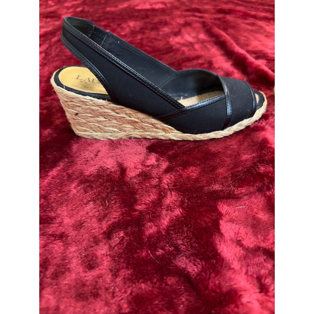Lauren Ralph Lauren Catrin Black Espadrille Wedge Slingback Sandals Peep Toe 5B - Picture 6 of 9